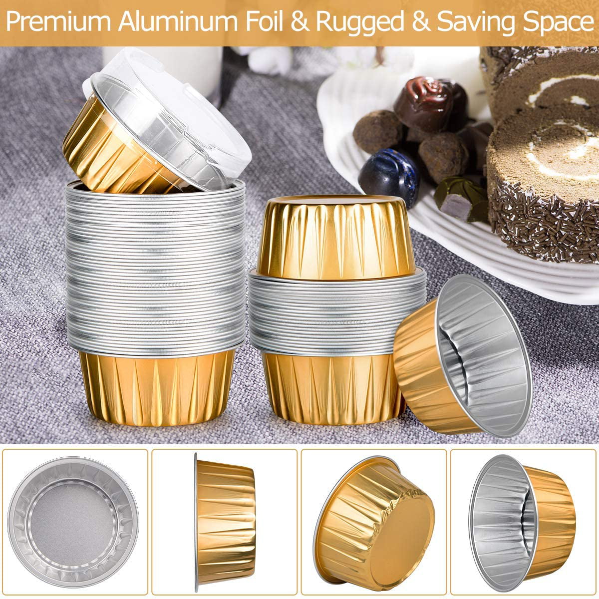 Foil Baking Cups with Lids,NOGIS 50pcs 5oz Aluminum Foil Cupcake Cups Liners,Mini  Cake Pans,Disposable Muffin Tins,Snack Pudding Dessert Cup with  Lid,Disposable Ramekins Containers Flans 