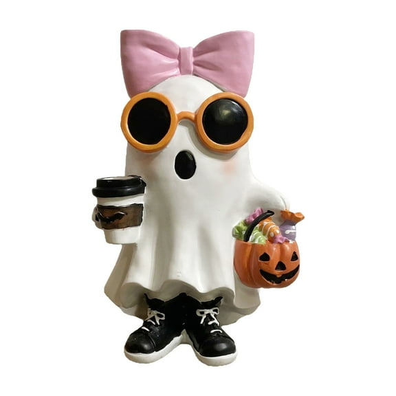 Halloween Tabletop Decoration - Girl with Bow & Hot Drink (PSL-Inspired) Resin Ornament for Festive Displays