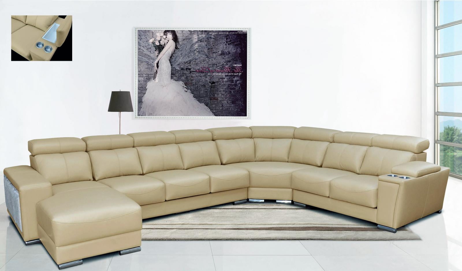 Modern Beige Leather Sectional Sofa w/Sliding Seats Left Hand Chase ESF 8312