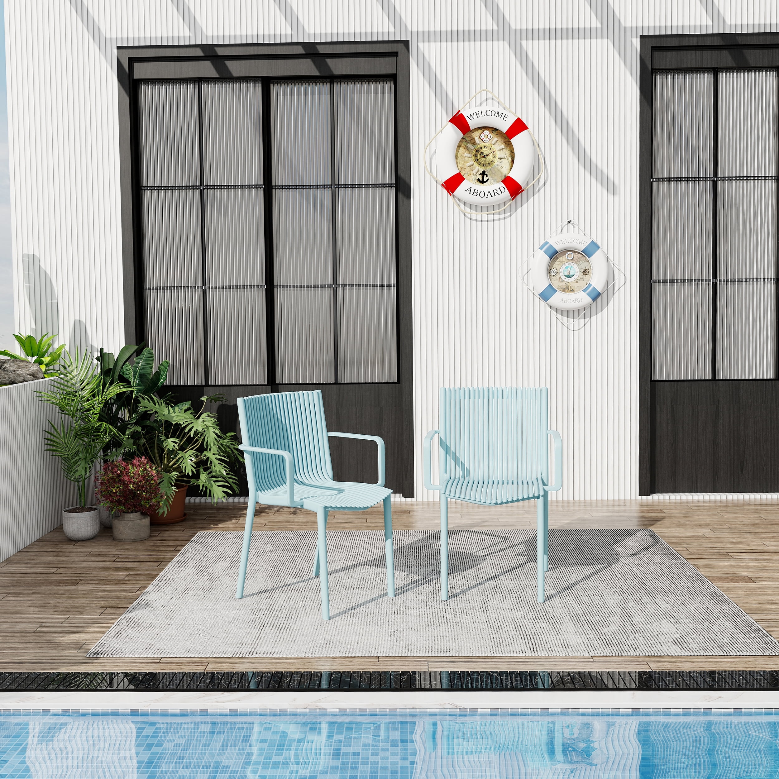 Plastic Armchair, 4 Pack Stackable Ergonomic Chair for Garden Patio Balcony Outdoor Use, Light Blue