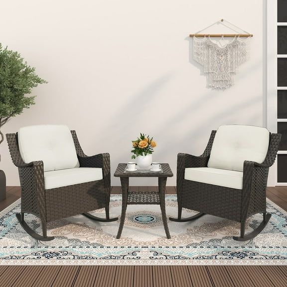 GAZEBETER 3-Piece Patio Furniture Set, Patio PE Wicker Rocking Chairs with Table,Rocking Chair Set of 3 with Thick Cushions,Beige
