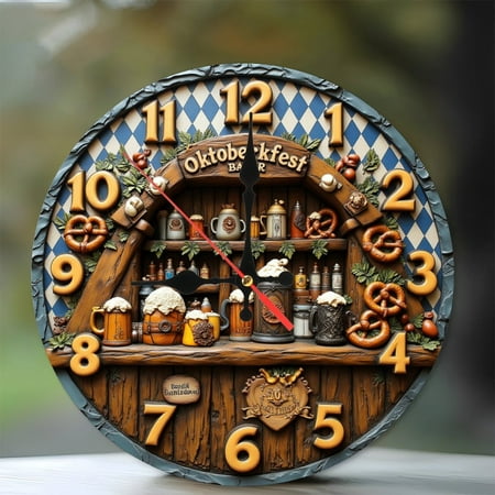 Beer Festival Barlr Clock Wall Decor German Beer Stein Pretzel 10-Inch Silent Wooden Wall Clock, Battery Operated (AA Batteries Not Included), Artistic Home Decor