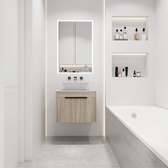 Wall Mounted Bathroom Vanity Set | Soft-Close Doors for Noiseless Operation, Metal Handles | Ceramic Vessel Sink and White Flat Stone | Convenient Bottom Space for Baskets