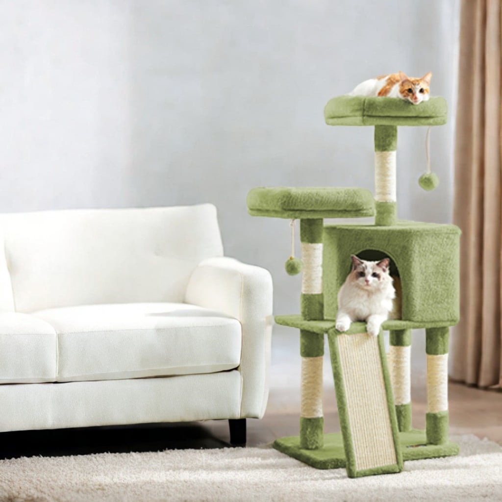 LEDREM Cat Tower, 45.3-Inch Indoor Cat Tree with Scratching Ramp, Perches, Spacious Cat Cave, Multi-Level Condo for Kittens, Adult Cats, Grass Green