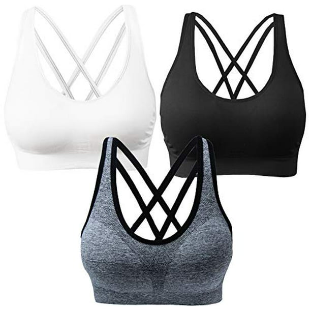AKAMC Women's Medium Support Cross Back Wirefree Removable Cups Yoga Sport  Bras, Pack of 3, Black/White/Grey,Medium 
