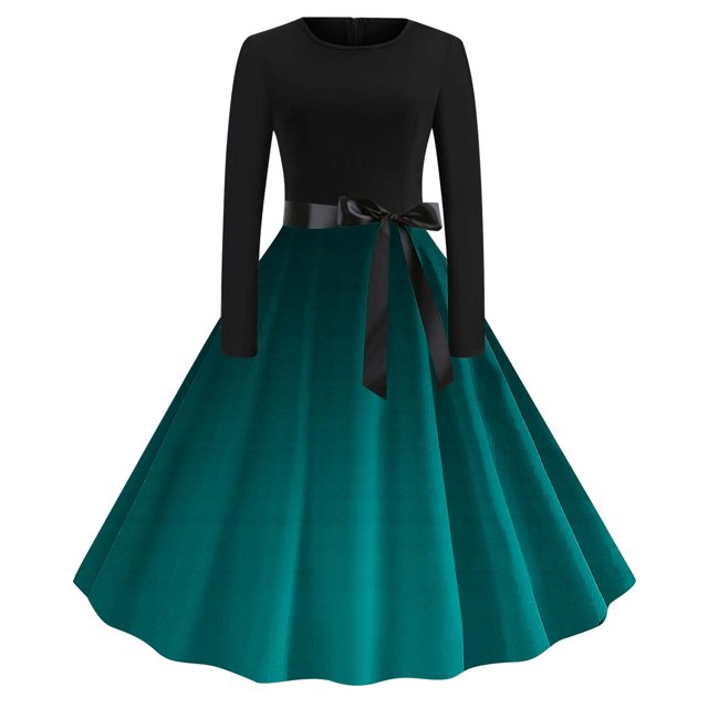 Qiopertar Robe à Lacets Imprimée Style Rétro à Fermeture Éclair Manches Longues Col Rond en Solde à Moins de 5$ en Solde