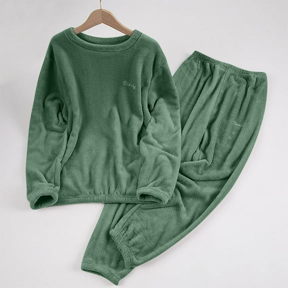 BRGZLK Womens Pajamas Solid Color Autumn Winter Thickened Fleece Lined Warm Coral Fleece Casual Soft Elastic Waist Pajamas Set Green M