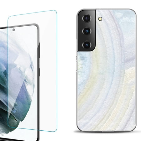 Slim-Fit Fashion Gel Phone Case for Samsung Galaxy S22+ 5G / S22 Plus 5G with Tempered Glass Screen Protector by OneToughShield ® - Marble / Rainbow