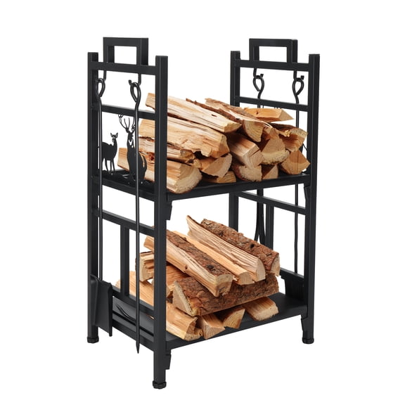 Ktaxon Firewood Rack Indoor Fireplace Tool Rack Outdoor Log Rack with 4 Tools Wood Holder Bin Firewood Holders Lumber Storage Stacking Black Wrought Iron Fireplace Logs Holder Stove