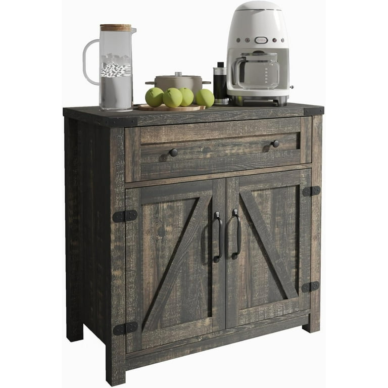 Wine Bar Cabinet Farmhouse Small Sideboard Buffet with Drawer and Barn Door 30 Inch Wooden Coffee Bar Cabinet with Adjustable Shelves for Kitchen