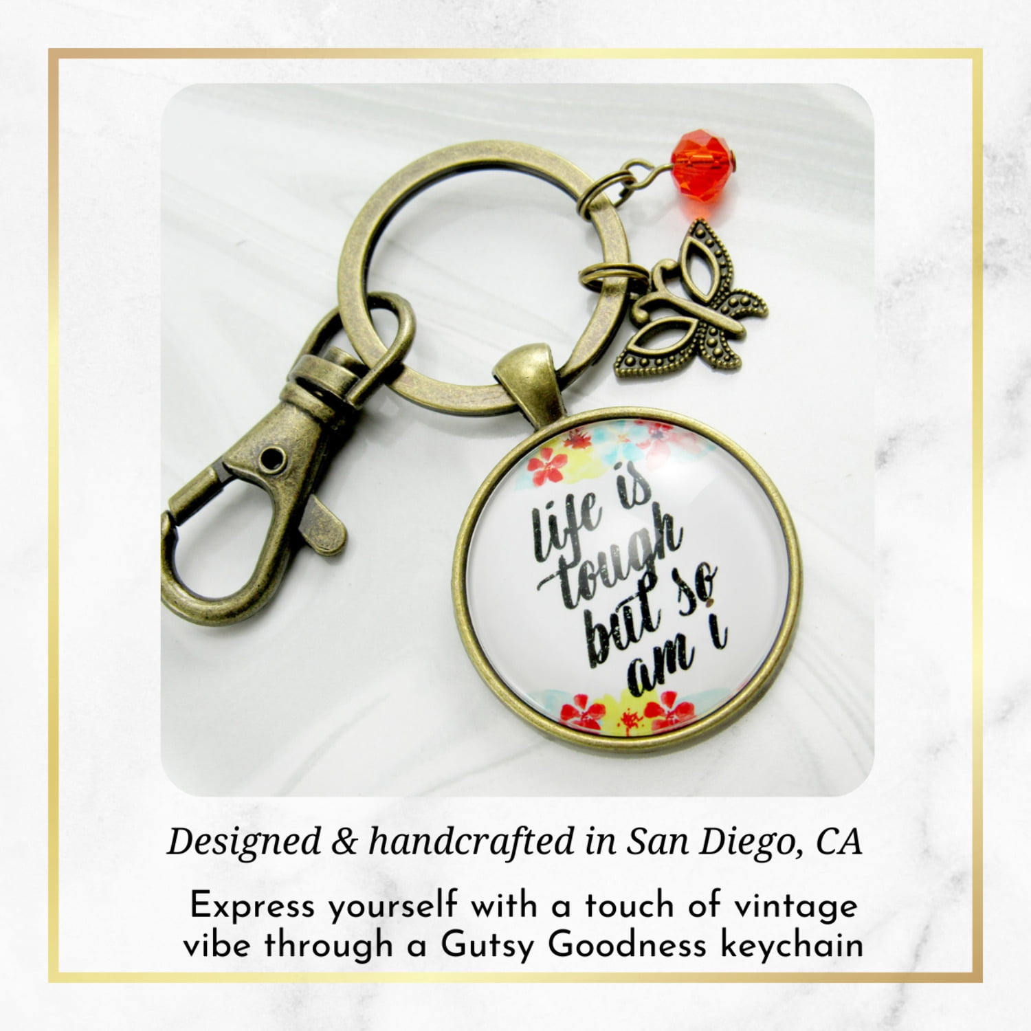Survivor Gutsy Goodness Bronze Keychain Life Tough But So Am I Rustic Strength Jewelry Flower Arrow Charm