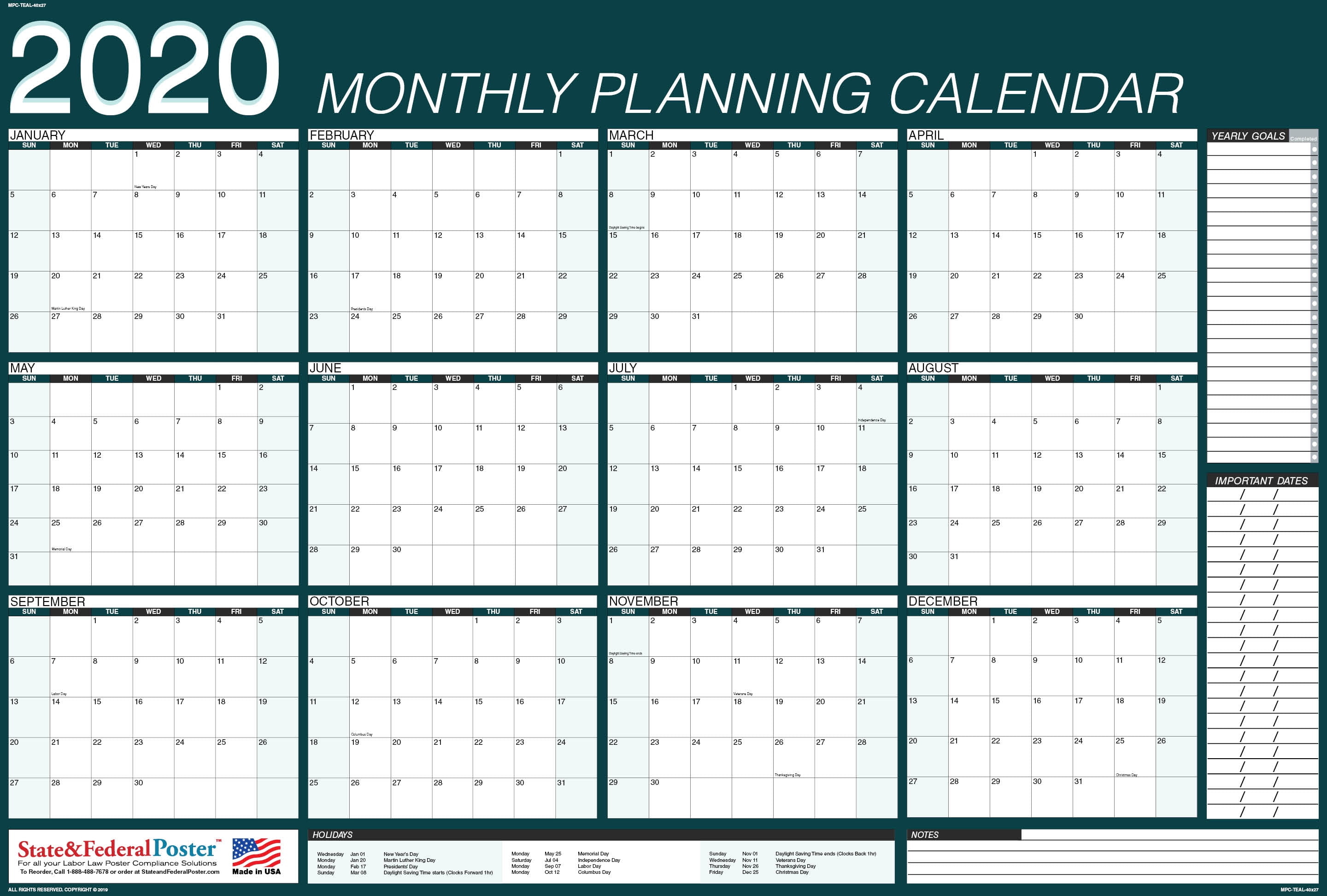 2020 Wall Calendar (Teal), Yearly Planner, Laminated & Erasable
