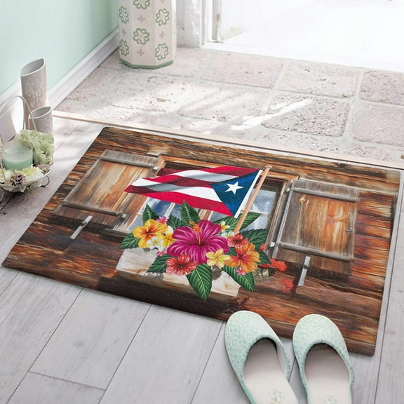 Bath Mat Puerto Rico Flag Hibiscus Flowers Indoor Outdoor Entrance Door Mat Non-Slip Bath Rug Bathmat Decor Small Area Rug Carpet Kitchen Door Mats Floor Mats Home Decor 24 x16 Inch