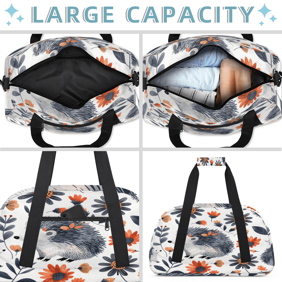 Herdesigns Hedgehog Sports Duffle Bag for Women & Men, Flower Gym Bag Dance Bag Overnight Bag Carry On Weekender Travel Bag
