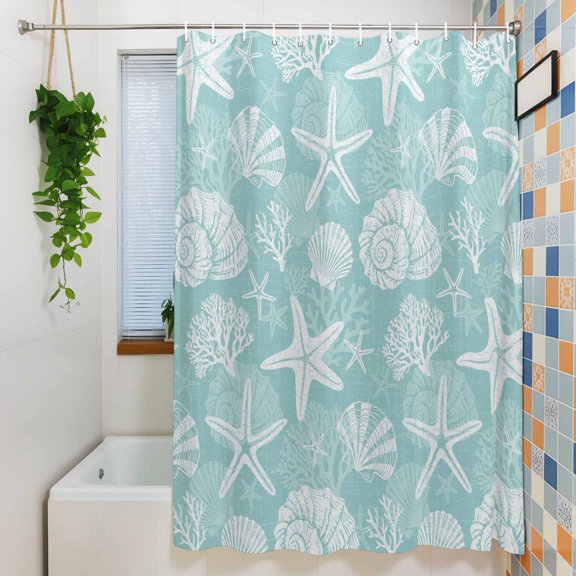 Shower Curtain,Summer Sea Starfish Coral Waterproof Fabric Bath Curtains with Hooks Coastal Ocean Shell Conch Washable Bathroom Shower Curtains for Home Hotel Decor ,36x72 Inch