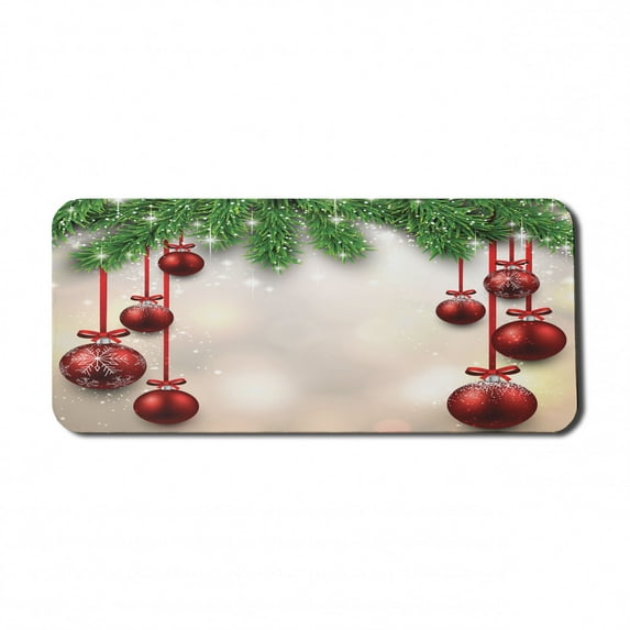 Christmas Computer Mouse Pad, Xmas Traditional Winter Season Theme Fir Twigs and Vibrant Balls Graphic Print, Rectangle Non-Slip Rubber Mousepad X-Large, 35" x 15", Green and Red, by Ambesonne