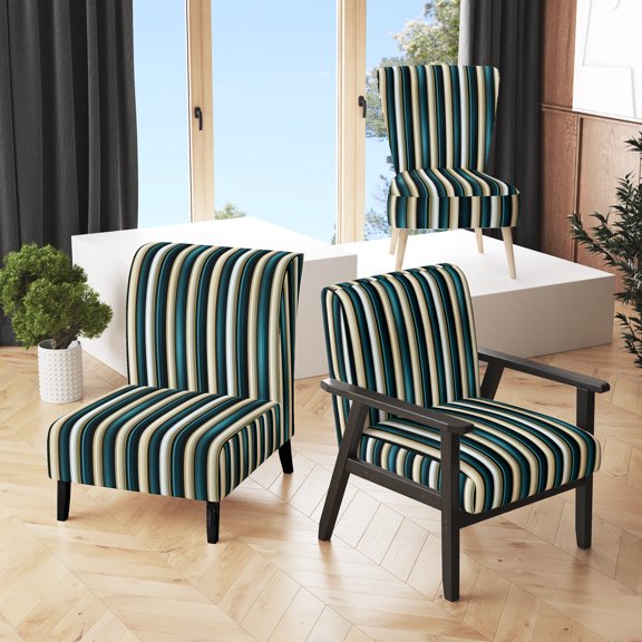 Designart "Elegant Striped Pattern In Teal And Gold I" Teal Striped Upholstered Accent Chair - Vintage Arm Chair For Bedroom