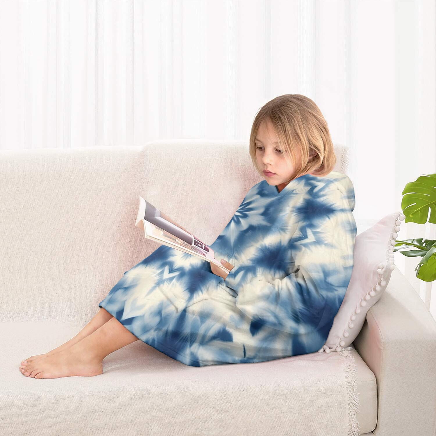 Indigo Tie Dye Star Blanket Hoodies for Kids 6-13YR Oversize Wearable Blanket Hoodies for Boys Girls Teens
