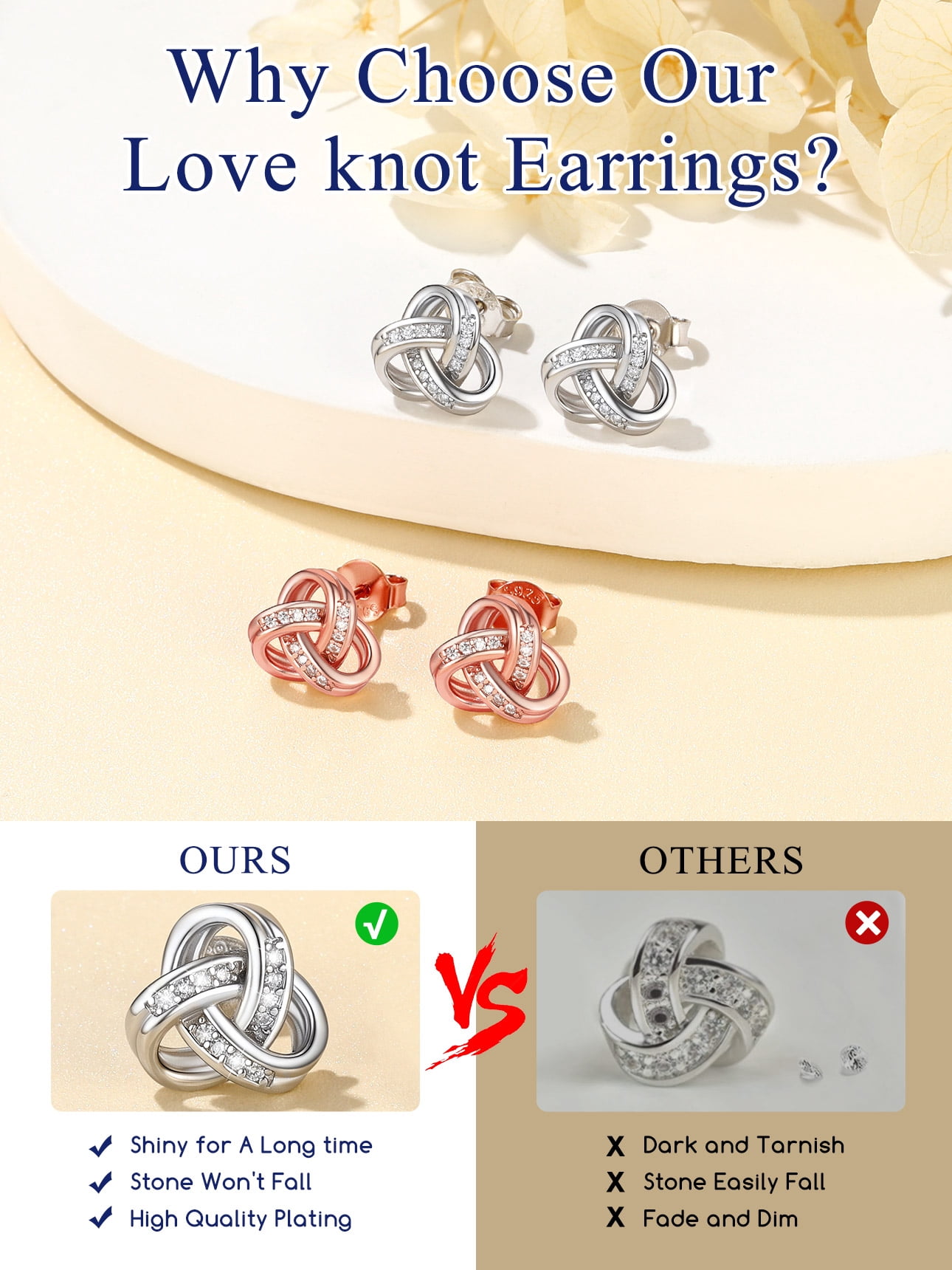 Suplight 925 Sterling Silver Cubic Zirconia Triangle Love Shape Knot Earrings Love Gifts for Women
