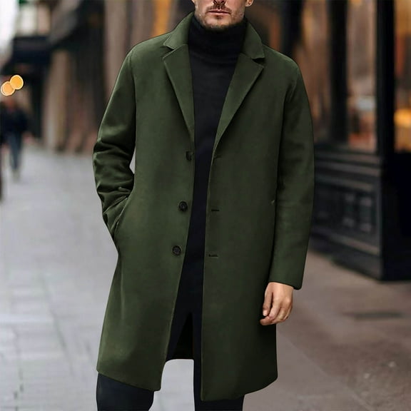 Qulqfy Green Coats for Men Long Wool Blend Winter Casual Notched Collar Single Breasted Trench Coat Pea Coat for Men L