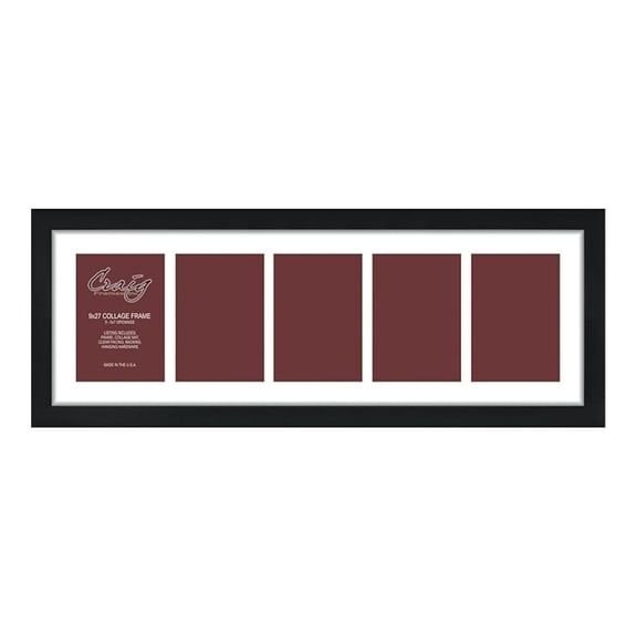 Contemporary, 9x27 Black Picture Frame with White Collage Mat, 5 Openings for 5x7 Prints