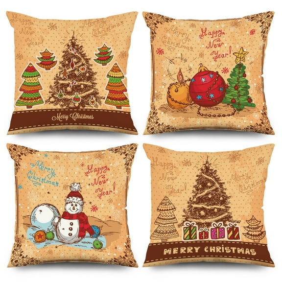 Christmas Brown Outdoor Pillow Covers for Couch Set of 4 Xmas Tree Snowman Cushion Cases for Home Decor Living Room Car,18x18