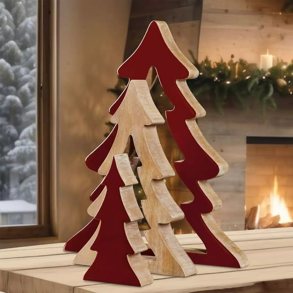 Decorative Nesting Wooden Holiday Trees 3-Pack Red 17.8", 13.4", 8.6"