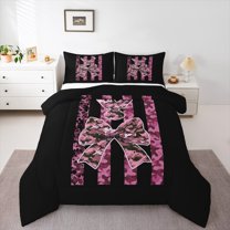 Homewish Abstract Bow-Tie 3 Pieces Queen Comforter Set for Female Men,Black Pink Camouflage Ultra Soft Bedding Sets,Abstract Splash Bedding Comforter Set,Luxury Bedroom Decor,Reversible