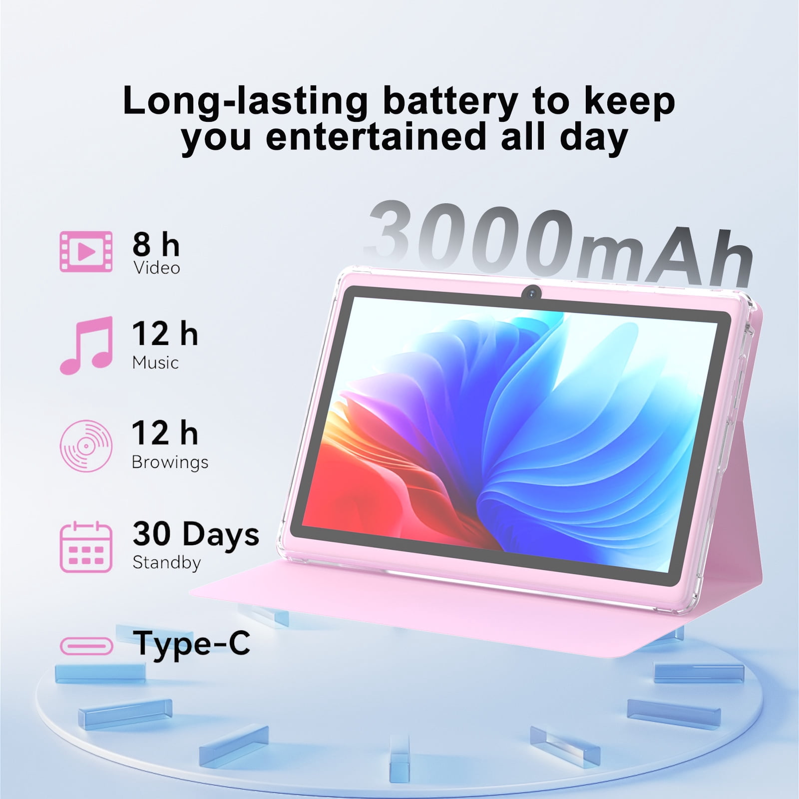 7Inch Android Tablet with Protective Case, 8GB(3+5Expand) RAM+ 32GB ROM, IPS Screen, Dual Camera, Bluetooth 5.0 WiFi Tab, Pink