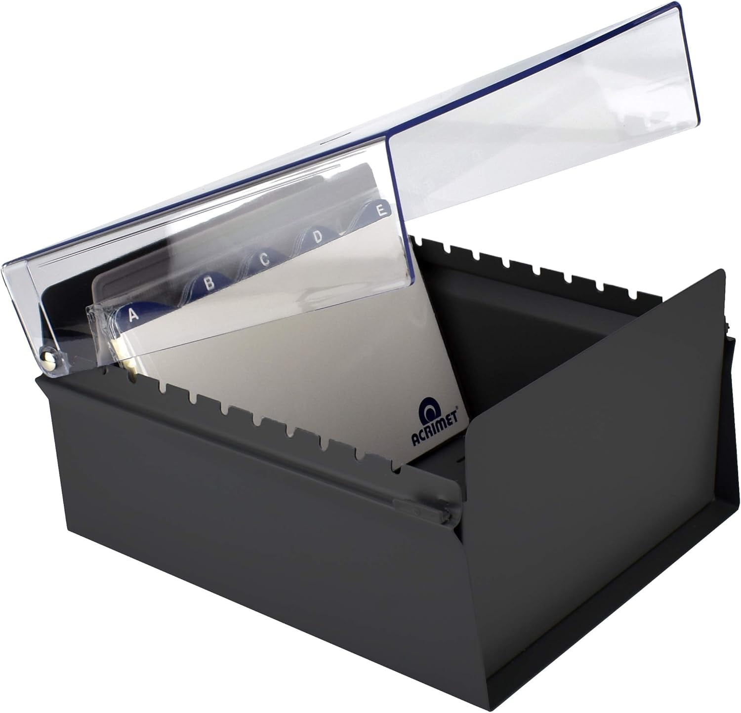 Acrimet 5 X 8 Card File Holder Organizer Box Metal Base Heavy Duty (AZ Index Cards and Divider Included) (Black Color with Clear Crystal Plastic Lid Cover)
