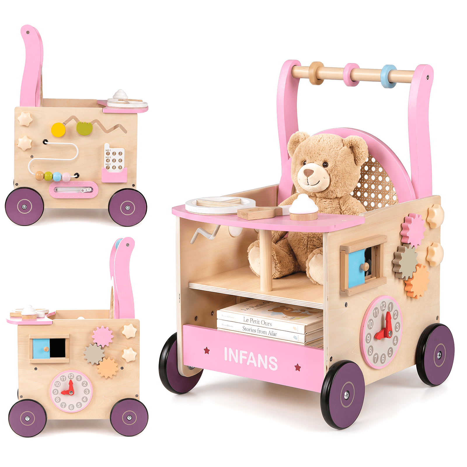OLAKIDS Wooden Baby Walker, Activity Center Push Walking Toy with Wheels, Montessori Rattan Doll Stroller for Babies Boys Girls 12-36 Months