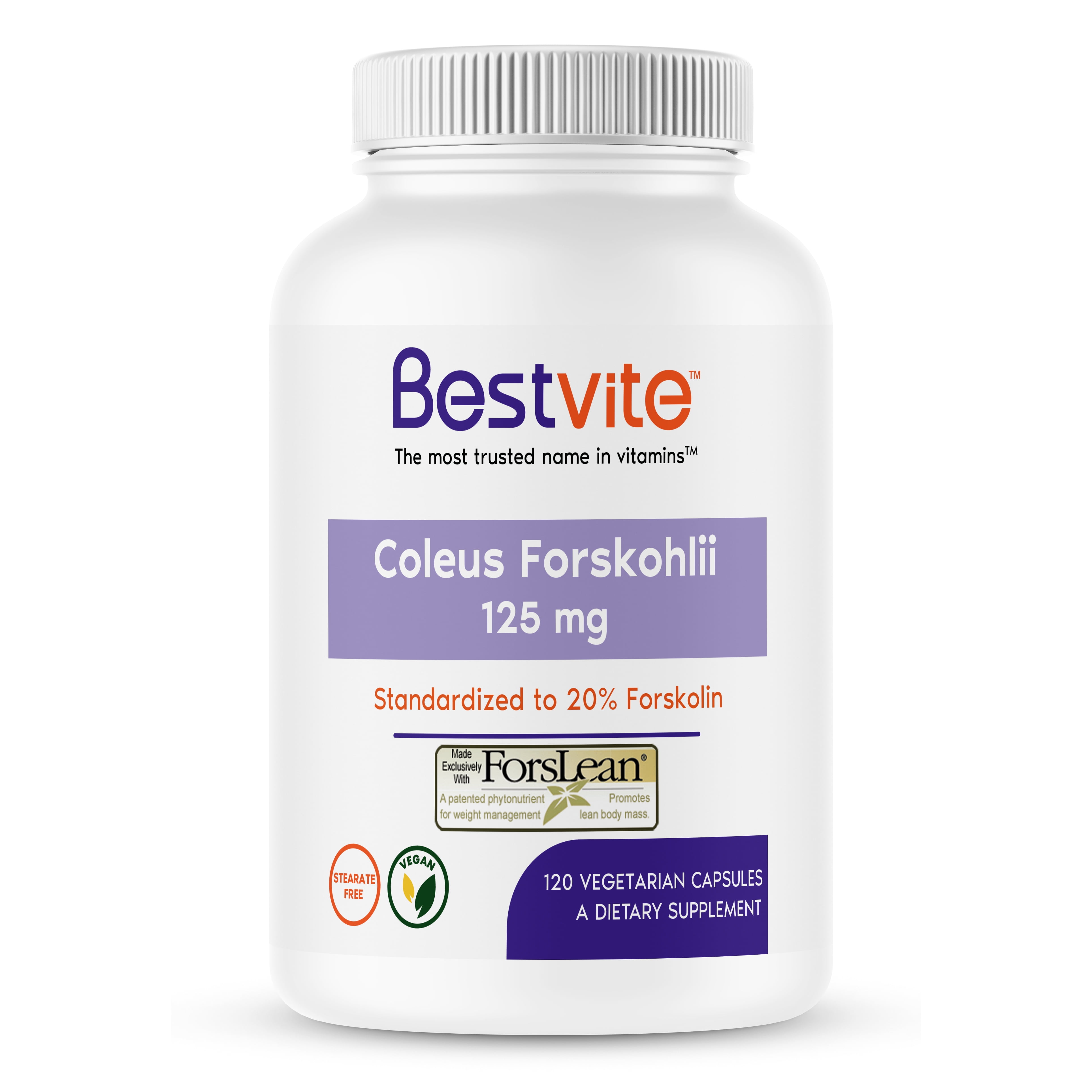Coleus Forskohlii 125 mg - 20% Forskolin (120 Vegetarian Capsules) - Made with Forslean the only Forskolin ingredient backed by Clinical Studies