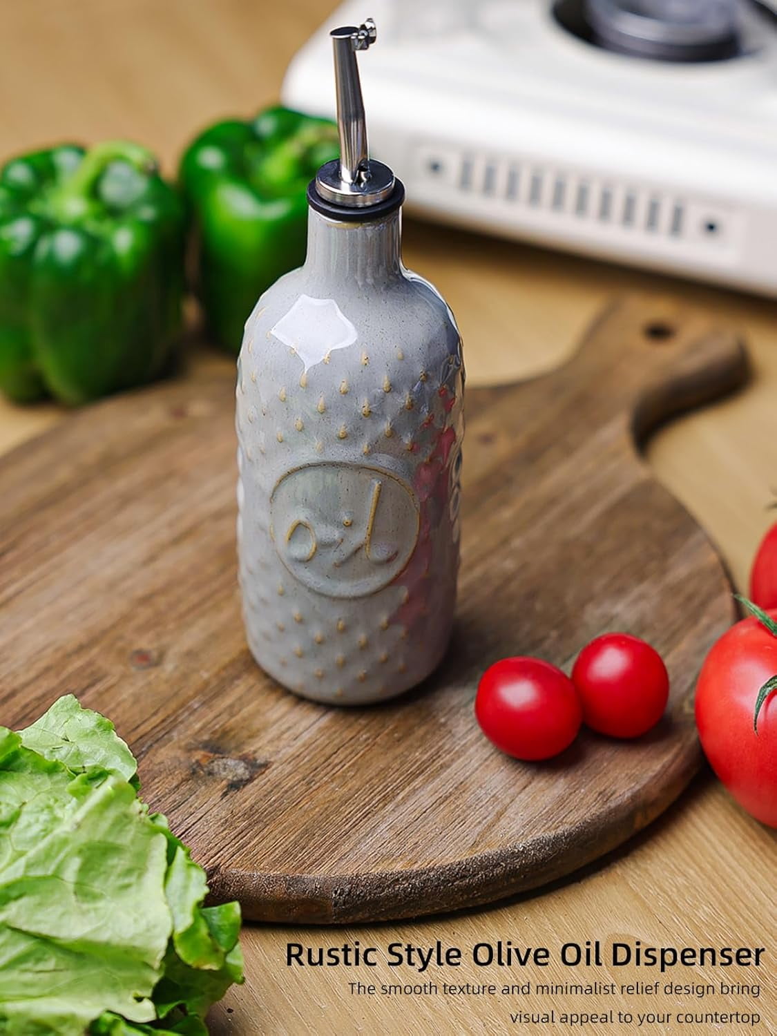 Ceramic Olive Oil Dispenser Bottle, 13 Oz Relief Opaque Oil Cruet, Oil Dispenser for Kitchen Counter, for Storage Oil, Vinegar, Soy Sauce, Coffee Syrup, Liquids (Grey)