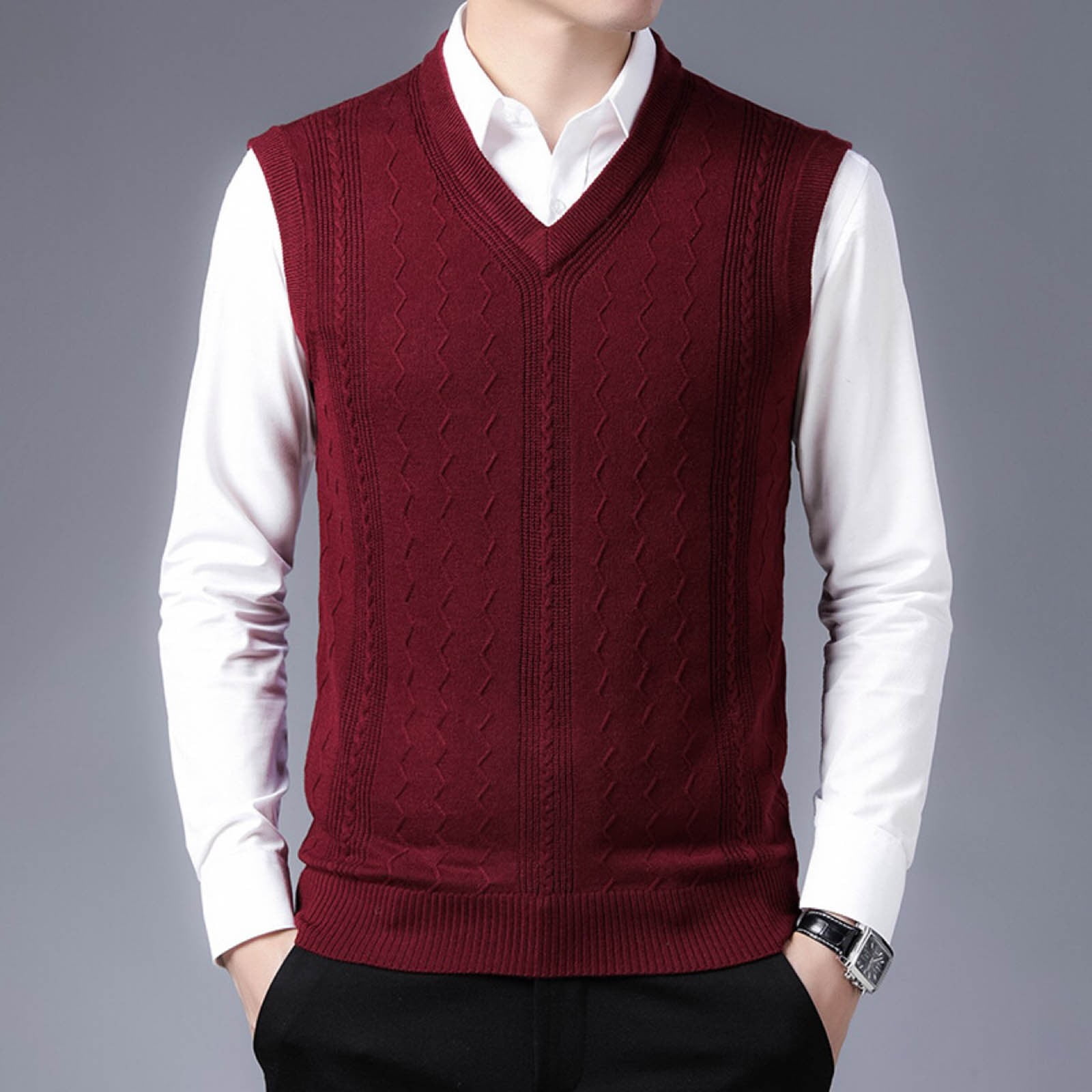 Sweaters for Men Mens Jacquard V Neck Bottomed Shirt Sleeveless Sweater Vest  (Color: Navy,Size: XXXL ) 
