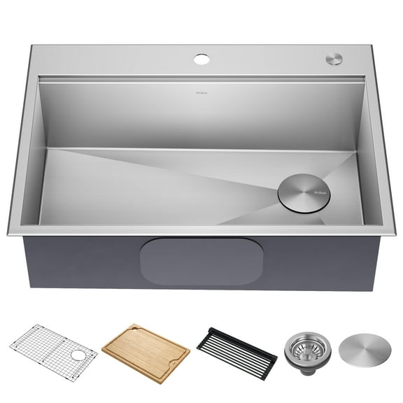 KRAUS Kore 30” Drop In / Top Mount Workstation 16 Gauge Single Bowl Stainless Steel Kitchen Sink with Accessories