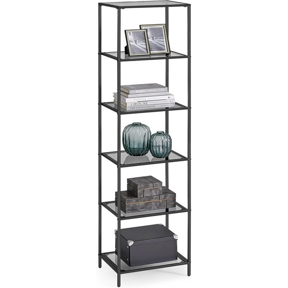 VASAGLE Bookcase, 6-Tier Bookshelf, Slim Shelving Unit for Bedroom, Bathroom, Home Office, Tempered Glass, Steel Frame, Black and Gray