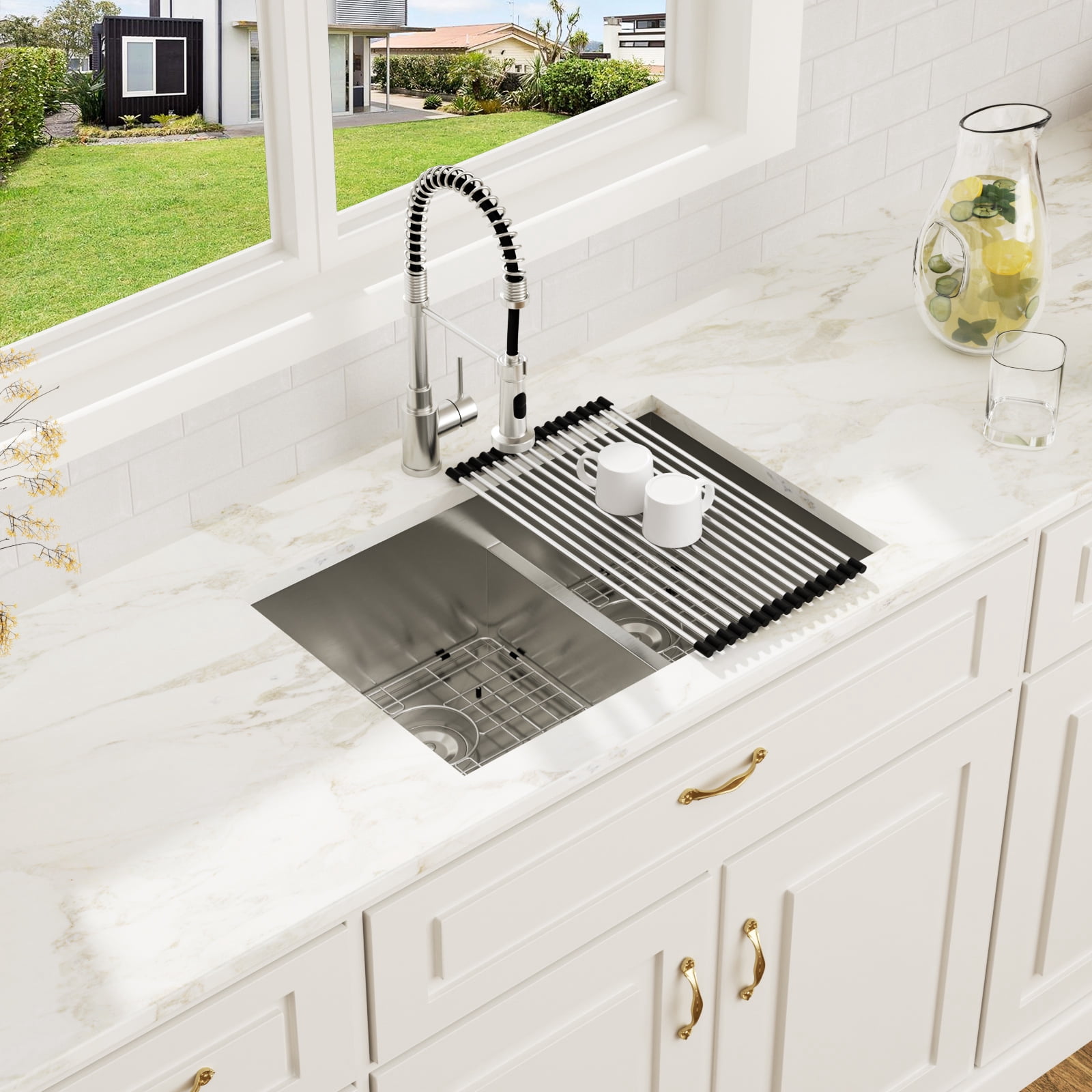30 in. Undermount 60/40 Double Bowl 16-Gauge Stainless Steel Low Divided Kitchen Sink with 2 Pcs Bottom Grids/Drains