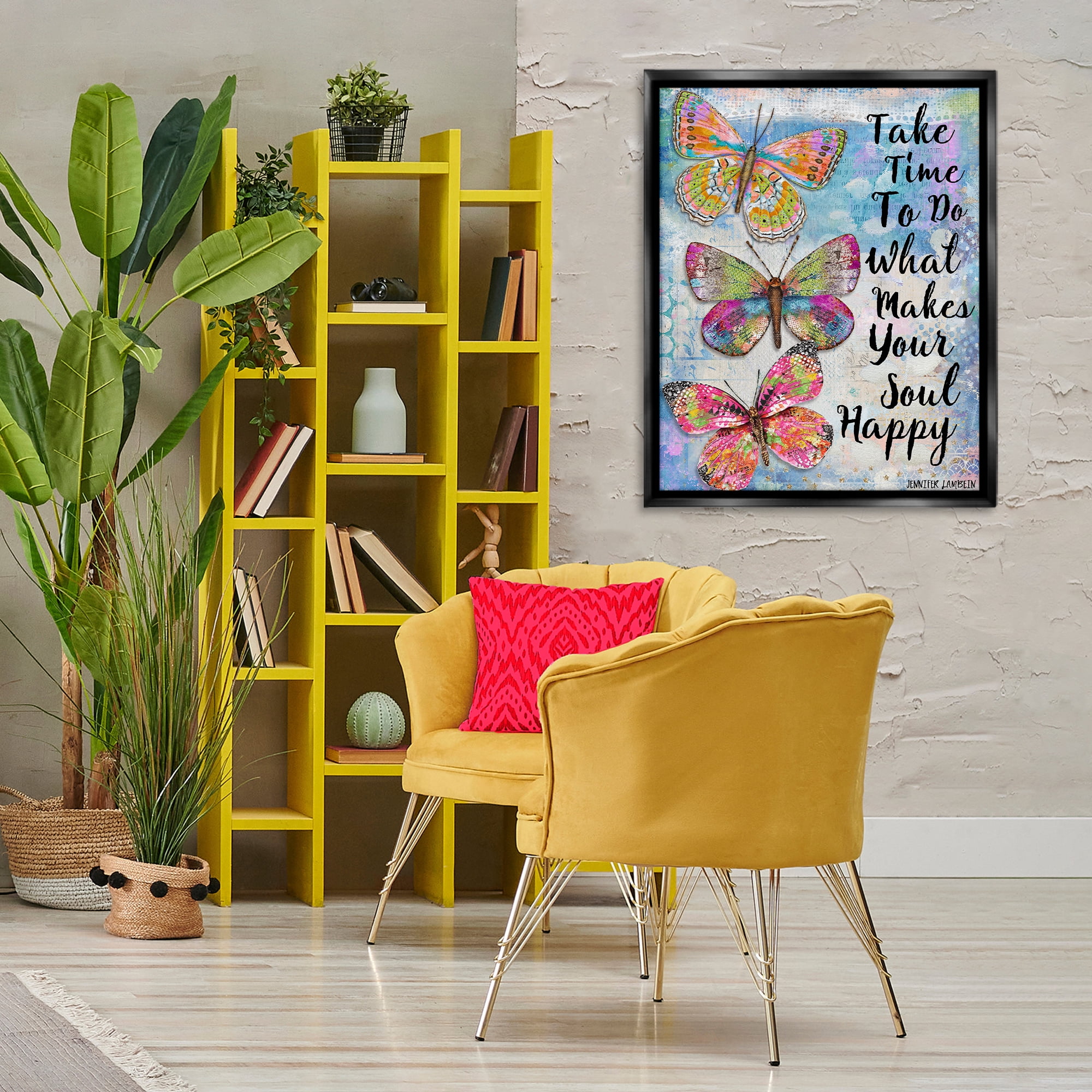 Stupell Industries Makes Your Soul Happy Butterfly Animals Painting Black Floater Framed Canvas Art Print Wall Art, 25 x 31