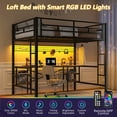 thumbnail image 2 of UHOMEPRO Loft Bed Twin Size with Desk, Metal Loft Bed Frame with LED Lights, 4 Storage Shelves, Charging Station, DIY Mesh, Clothes Rail, Safety Guardrail, No Box Spring Needed, Black LED Loft Bed, 2 of 11