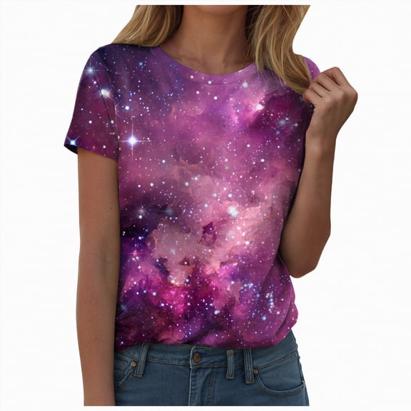 Yindaity Women Tshirt 4D Graphic T Shirts for Women, Casual Crewneck Short Sleeve Tops Tees(Light Purple,L)