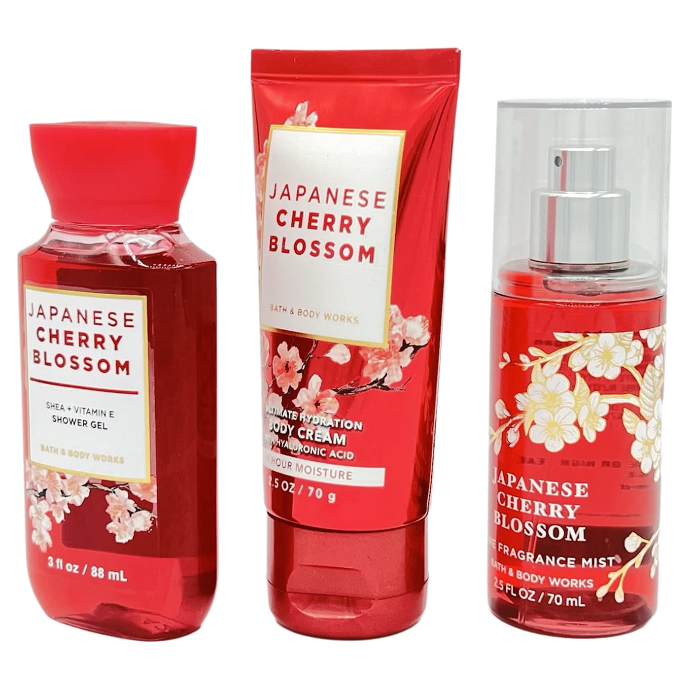 Bath & Body Works Japanese Cherry Blossom Travel Size Shower Gel, Body Cream and Fine Fragrance Mist 3-Piece Bundle