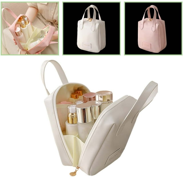 Fiudx Bolsa de Maquillaje Portátil, Organizador de Gran Capacidad, Diseño de Apertura En Forma de U, Colores Blanco Lechoso y Rosa, Tela de Cuero Fácil de Limpiar, Solución de Almacenamiento de Viaje