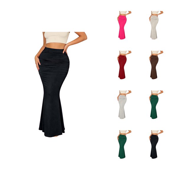 Ruched Maxi Bodycon Skirts for Women High Waisted Slimming Dressy Casual Long Skirt Going out Outfit