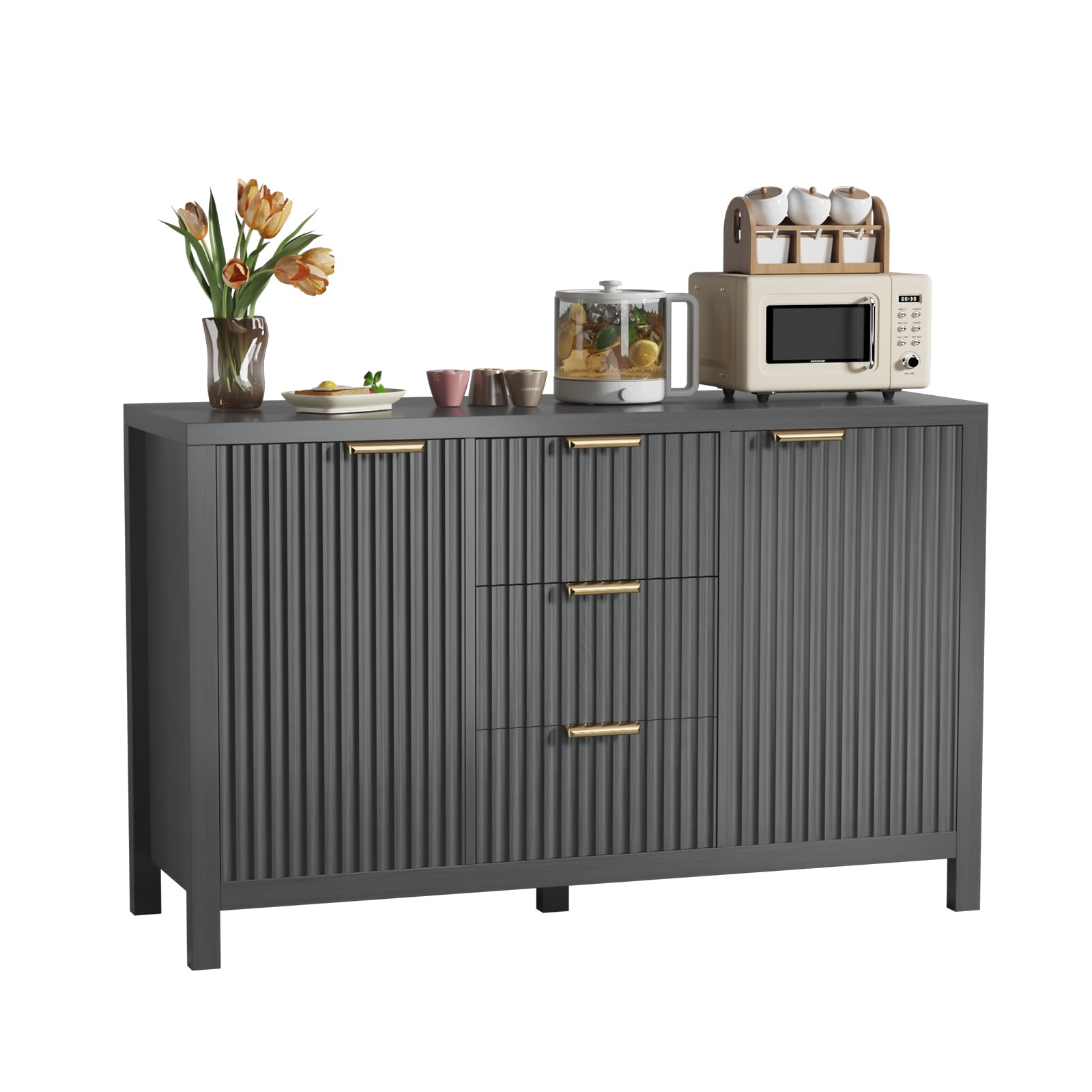 Hommoo Modern Sideboard Storage Cabinet, Fluted Credenza Buffet Cabinet with 2 Doors and 3 Drawers, for Kitchen and Living Room, Black