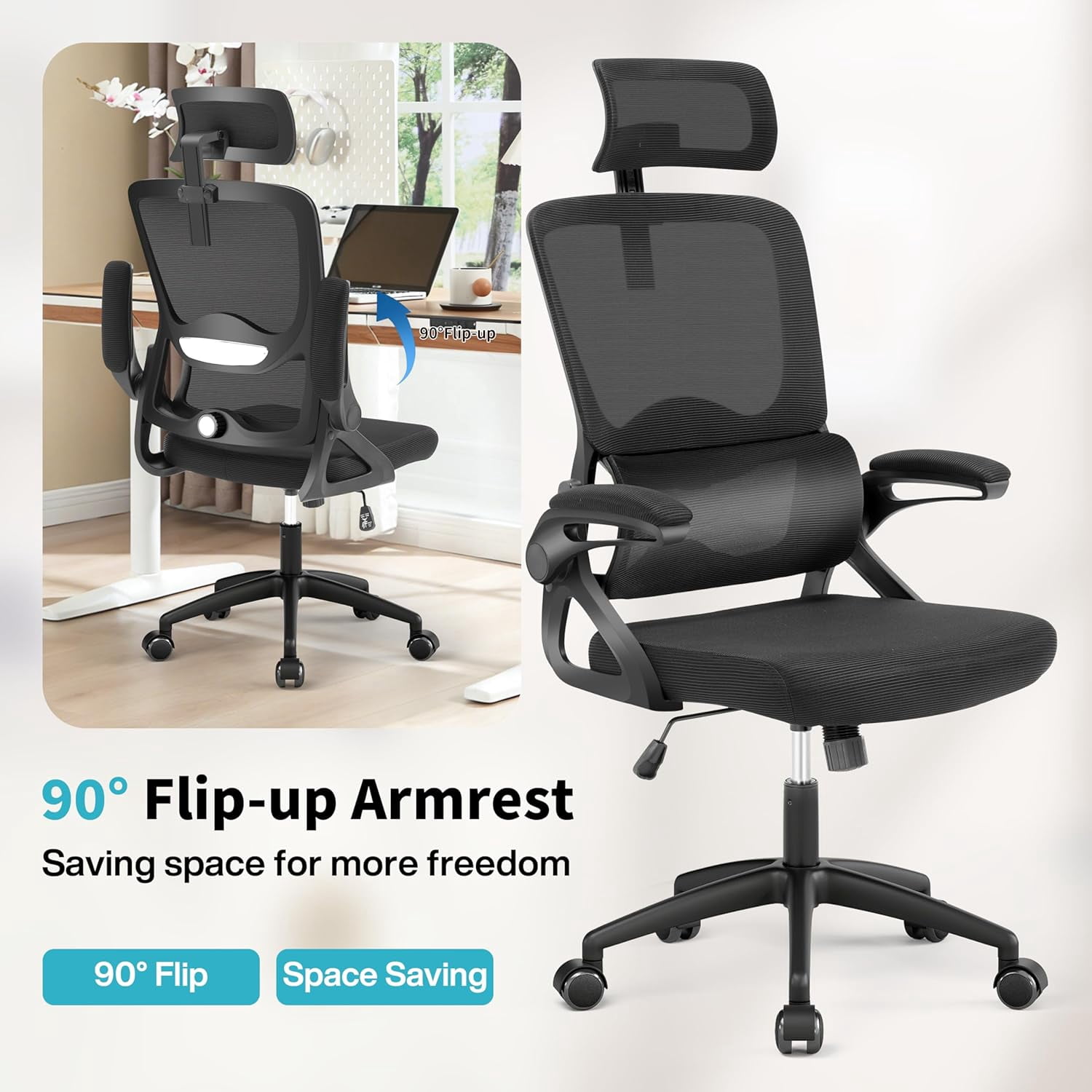 Ergonomic Office Chair,Mesh Office Chair with Lumbar Support,High Back Desk Chair with Flip-up Arms,400 lbs Big and Tall Computer Chair with Headrest,Comfy Desk Chairs (Black)