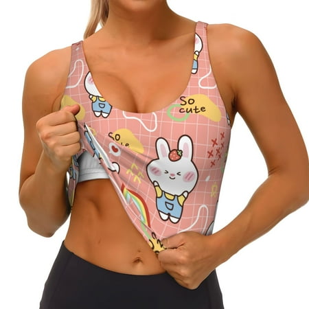 Qokaie Rabbit So Cute Pattern Womens Scoop Neck Sports Bra Breathable Workout Vest Padded U Back Medium Impact Fitness Gym Yoga Bra Workout Crop Top