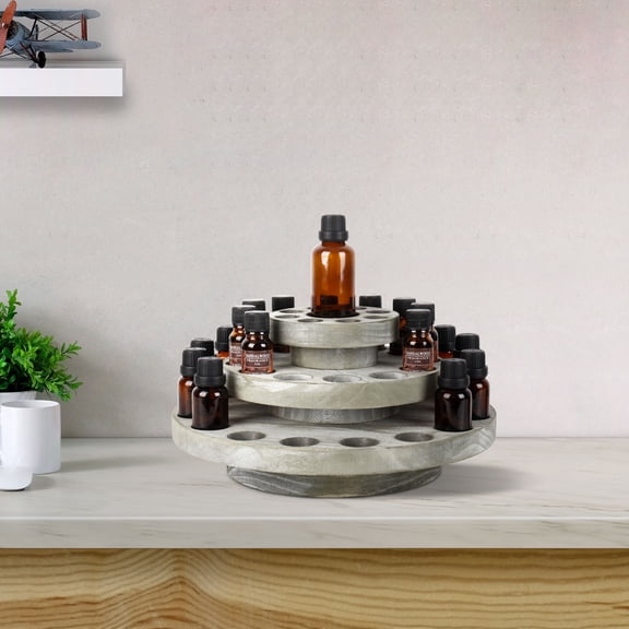 3-Tier Rotating Essential Oil Organizer Rack, Rustic Gray-Green Wood Storage for Up to 36 Bottles - Spinning Countertop Display for Nail Polish & Perfume