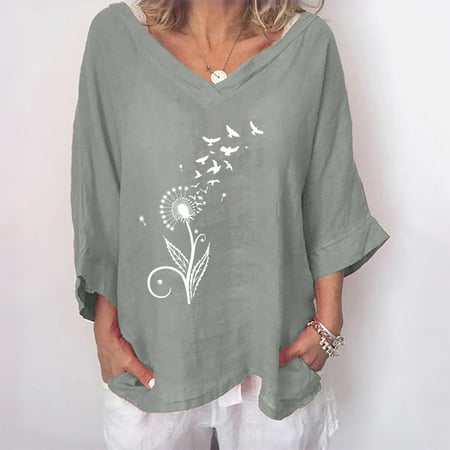 

YUNAFFT Womens Tops Casual Loose Fashion Women s Fashion Printed V- Neck Three Quarter Sleeve T-shirt Blouse Loose Tops On Sale