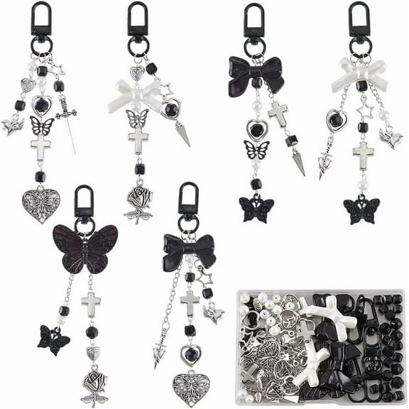 1 Box 160Pcs Keychain Making Kits Gothic Key Chains Black Butterfly Beads Heart Charm Gothic Charms Acrylic Glass Spacer Beads for Keychains Making Women Adults Crafts Supplies colorful DIY
