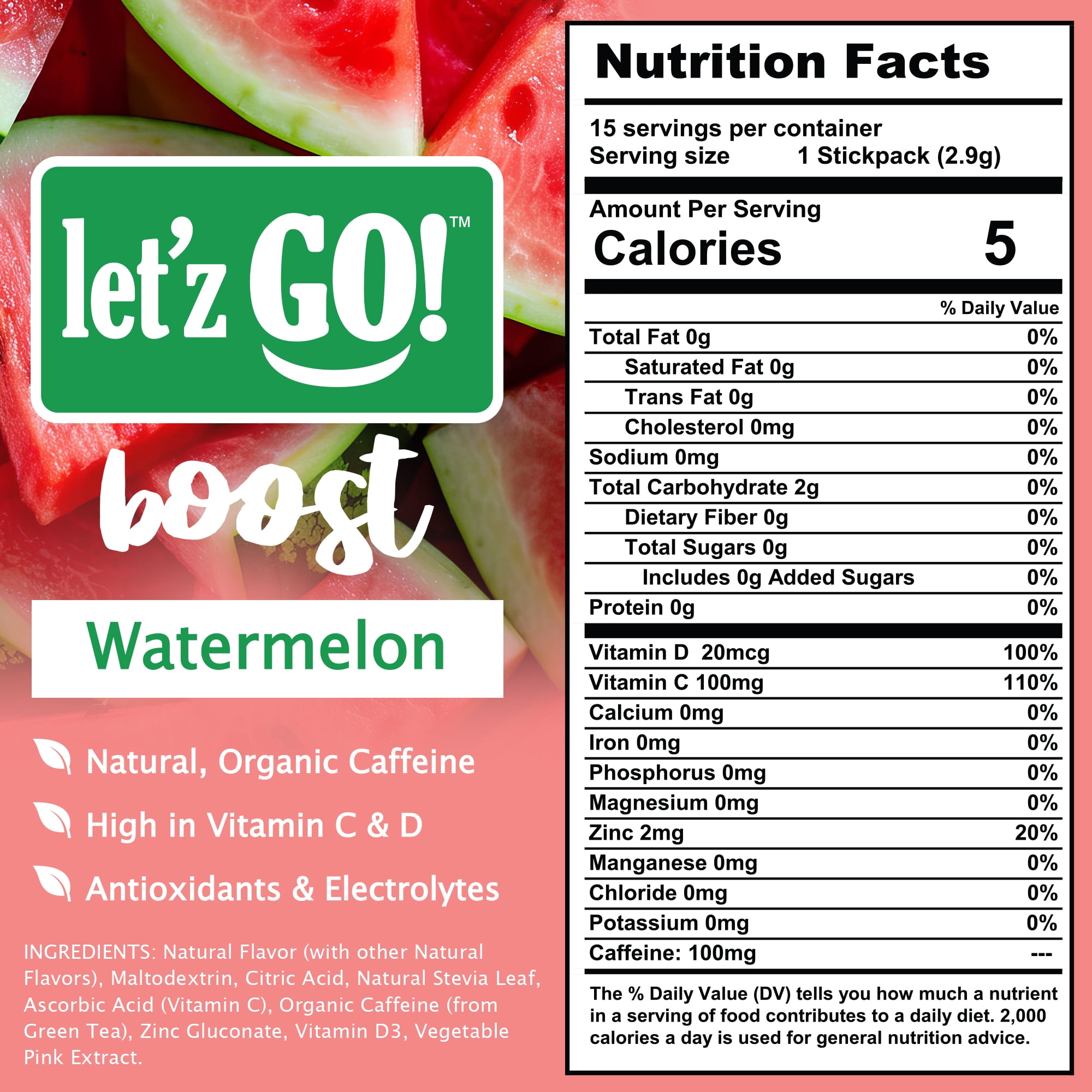 Let'z Go Boost Natural Energy + Hydration Drink Mix Powder, Watermelon, 15Ct